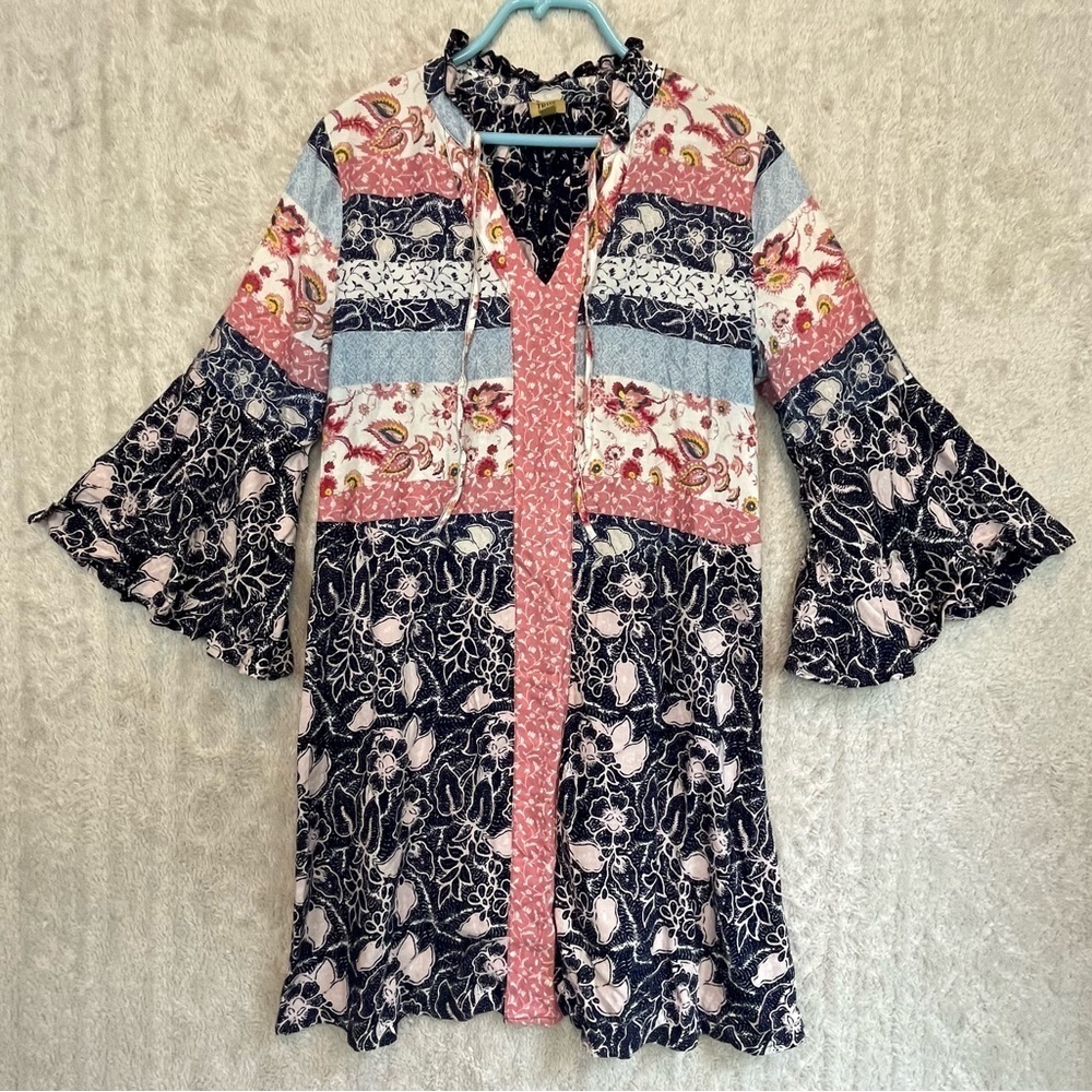 True Craft Boho Patchwork Cottagecore Tunic Dress M Bell Sleeve Floral Paisley